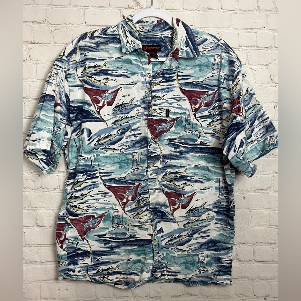 SPORTIF USA fishing ocean sea life BUTTON UP HAWAIIAN print‎ SHIRT sz L